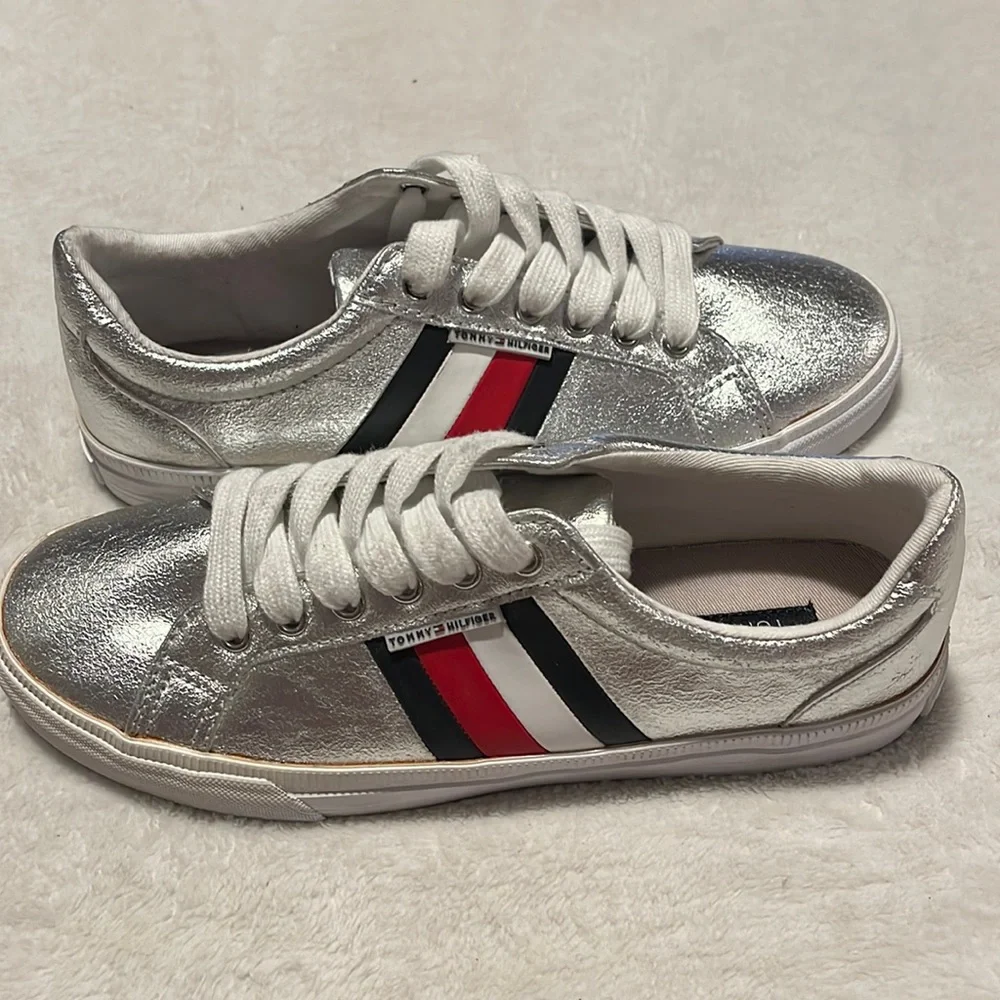 Tommy Hilfiger Silver Metallic Sneakers with Red, White & Navy Stripe